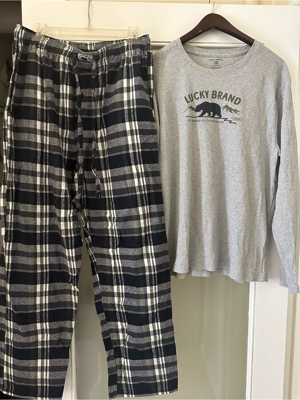 Lucky Brand Gray Waffle Henley Top with Black & White Plaid Pajama Pants